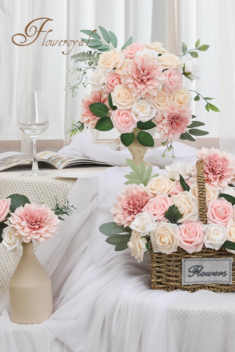 Floweroyal Flores rosas artificiales de color rosa, flores falsas de dalia con tallos para ramos de novia de boda, baby shower, arreglo floral,