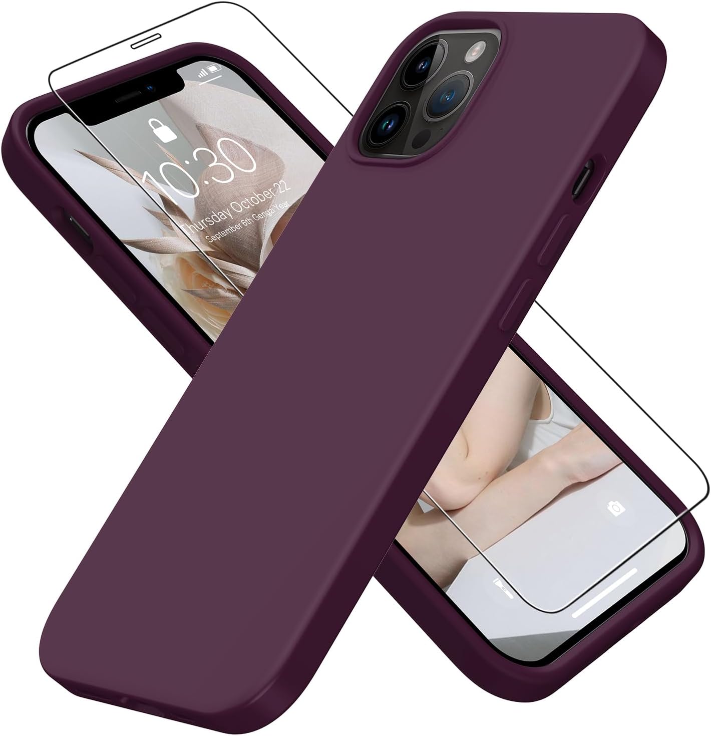 FUNMIKO Funda compatible con iPhone 13 Pro Max con protector de pantalla, funda de silicona líquida sedosa, forro de microfibra suave a prueba de