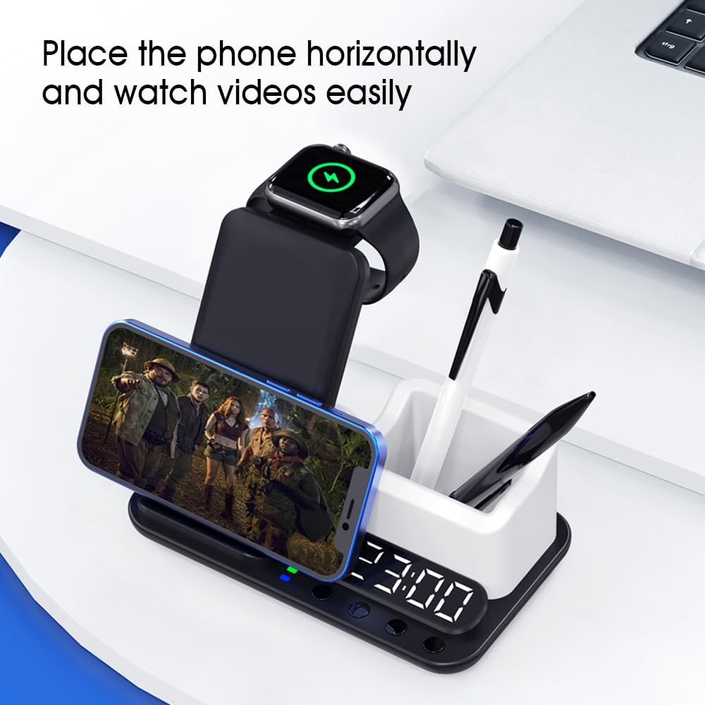 Plegable 6 en 1 con 2 bobinas, soporte de cargador inalámbrico rápido de 15 W y con reloj despertador digital y luz nocturna para iPhone 141312