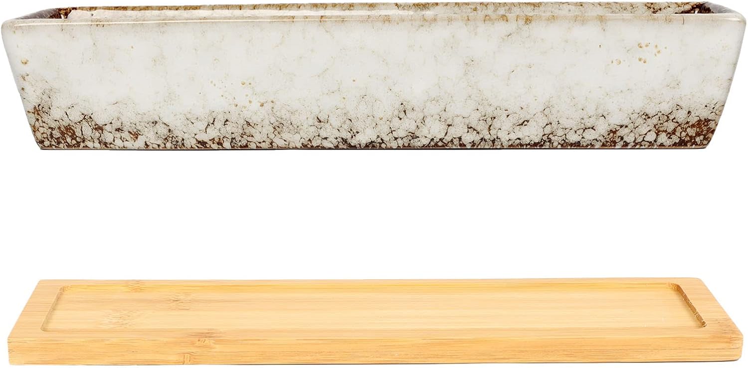 Macetero para suculentas, macetas rectangulares de cerámica para suculentas, mini contenedores de flores con platillos de bambú para oficina,