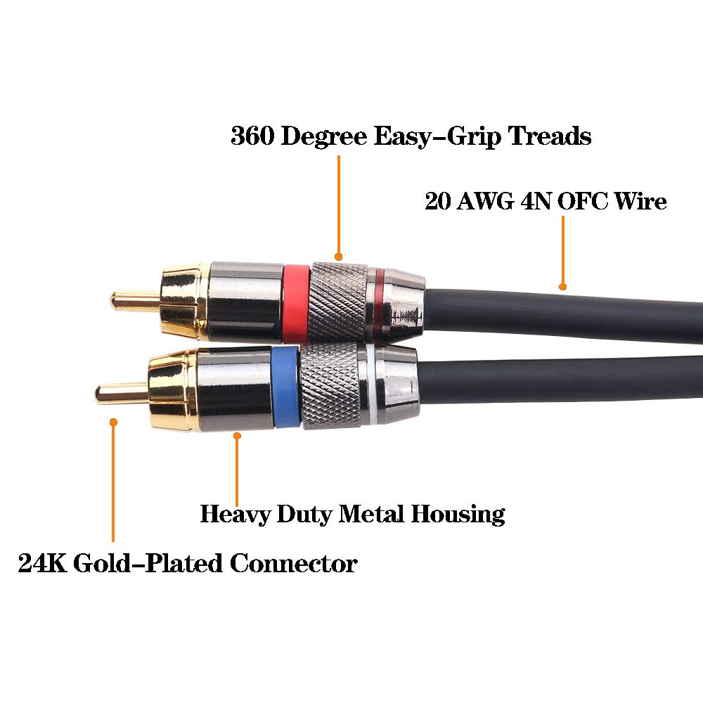 TISINO Cable de 14 a RCA, cable de audio TRS a RCA de un cuarto de pulgada, conector estéreo de 0.250 in a cable de inserción RCA doble, cable