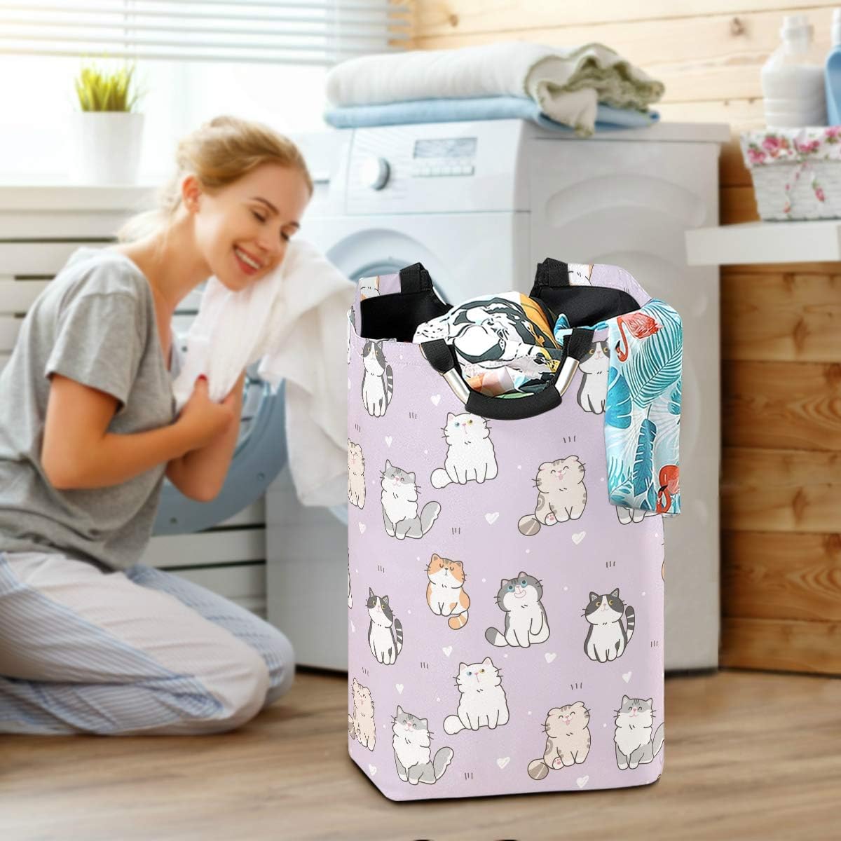 Qilmy Cesta de lavandería plegable para gatos, color morado, grande, con asa, para dormitorio, baño, habitación de los niños