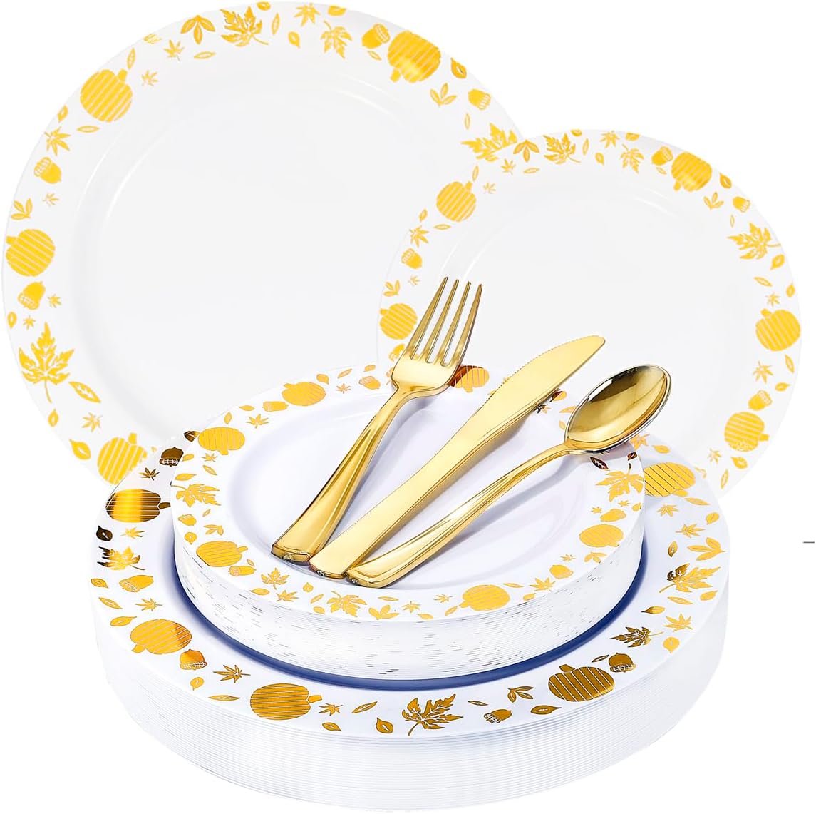 WDF 150 platos de Acción de Gracias, cubiertos de plástico dorado, juegos de vajilla para 30 invitados incluyen 30 platos llanos, 30 platos de