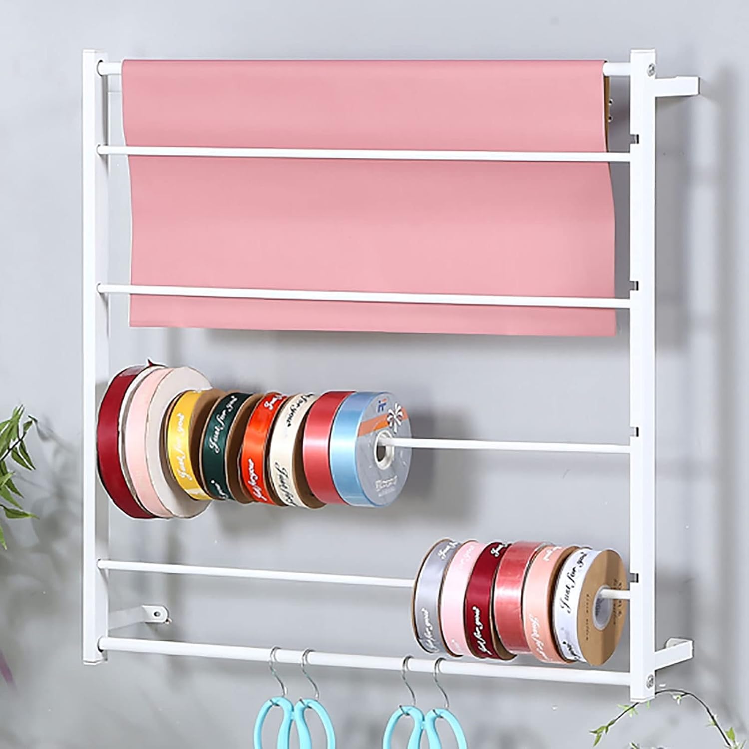 Soporte de cinta para montaje en pared, negro y blanco, cuadrado de metal de 4 capas, organizador de almacenamiento versátil para envolver papel de