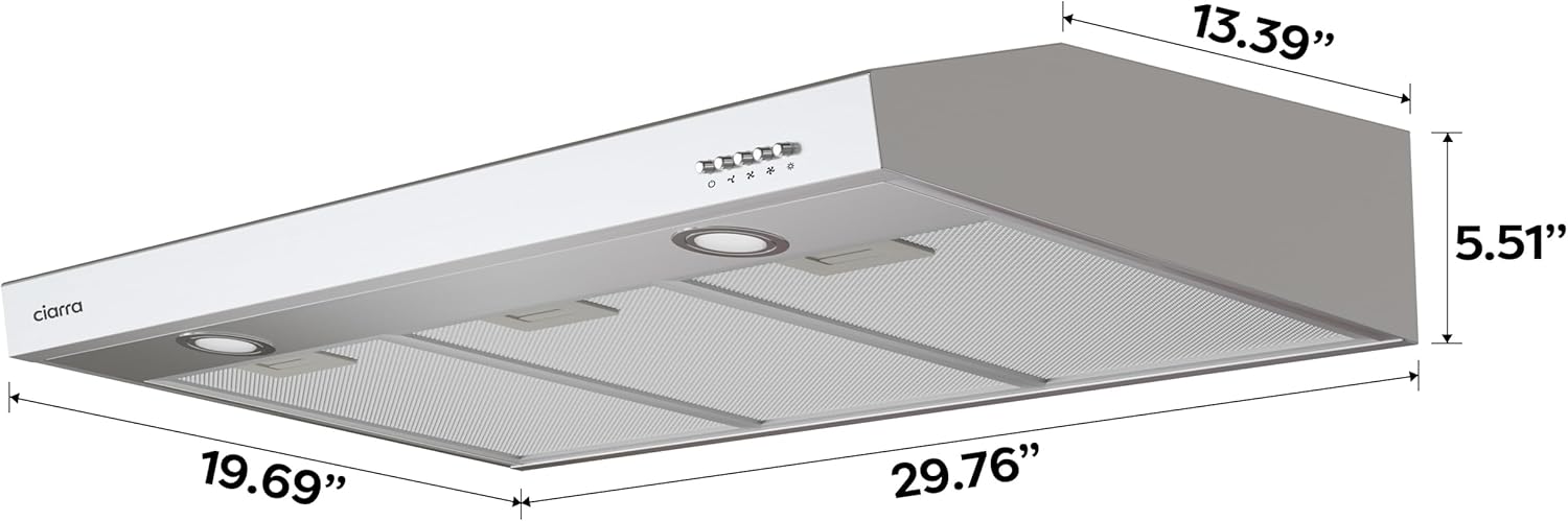 CIARRA Campana extractora para debajo del gabinete de 30 pulgadas en acero inoxidable y kit de filtro de carbono con conductos convertible sin