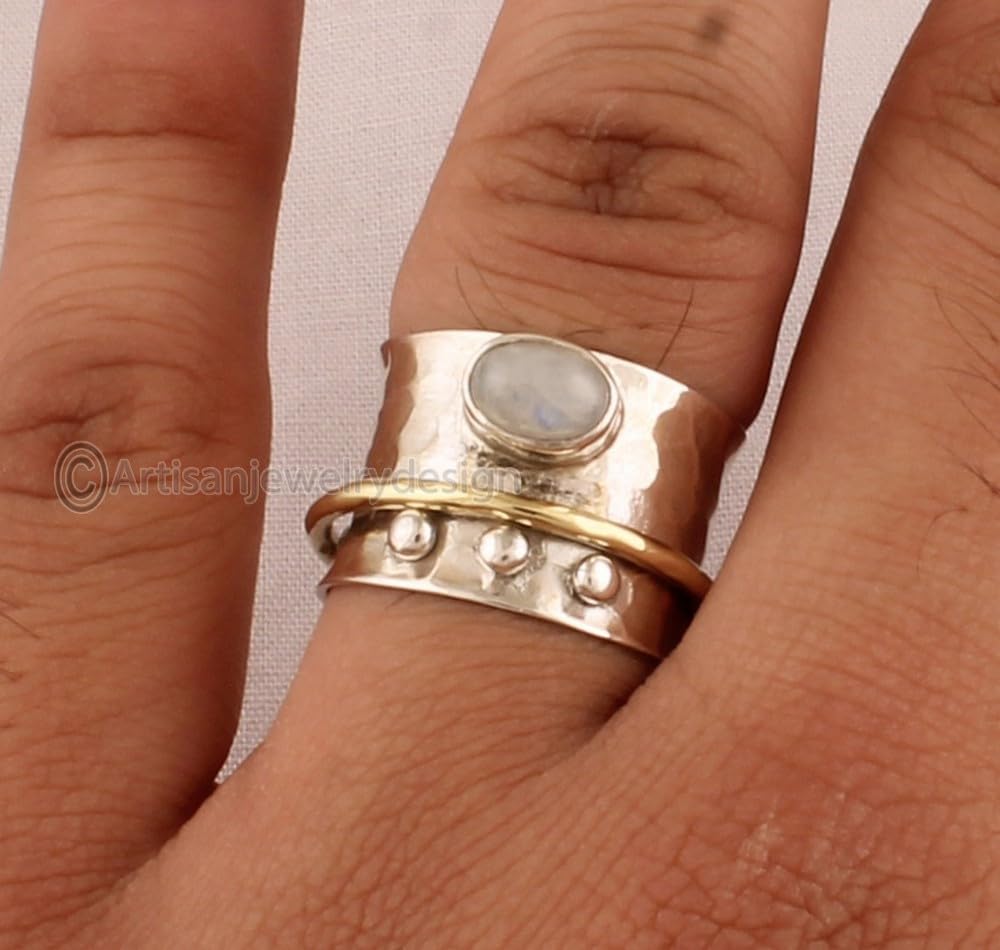 Rainbow Moonstone Silver Ring, Statement Silver Ring Handmade Spinner Ring, Fidget Spinner Ring, Spinner Ring Women, Simple Elegant Silver Ring,