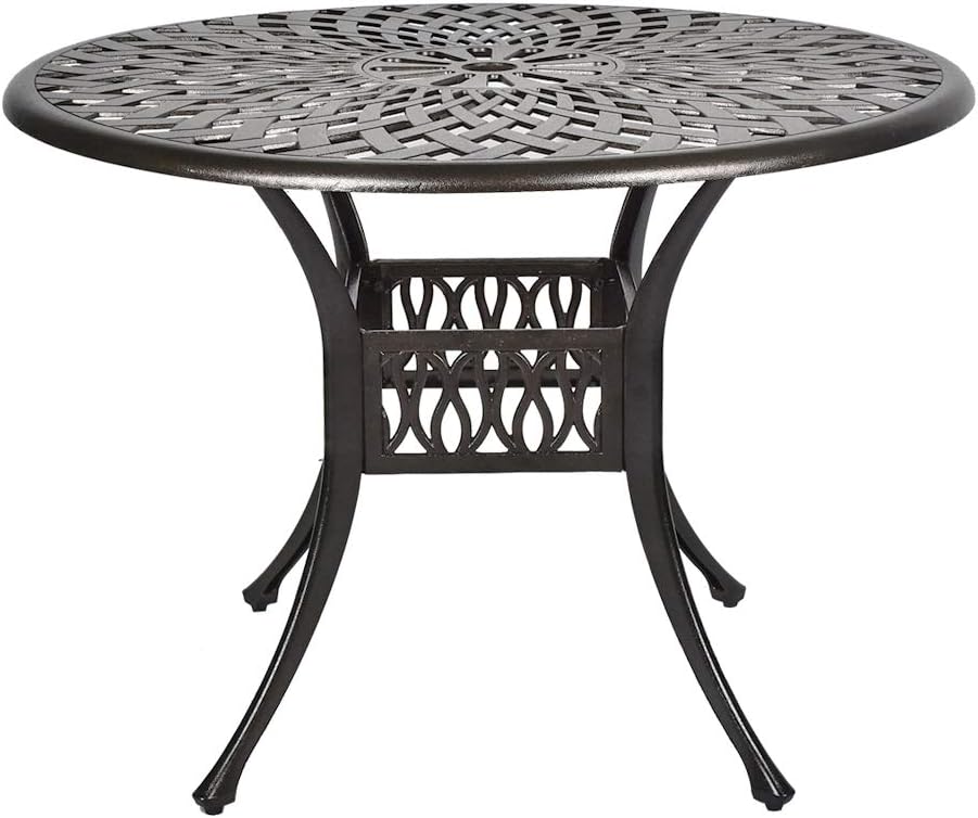 TITIMO Mesa de comedor redonda de 41.3 pulgadas de diámetro para patio bistró, mesa de conversación de aluminio fundido con agujero para paraguas de