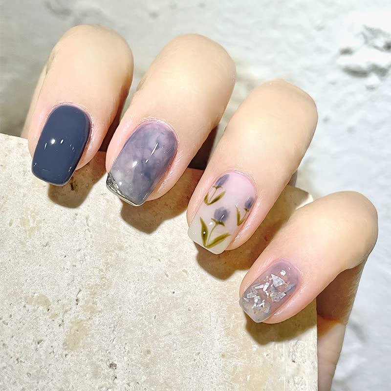 Uñas postizas a presión azules, cuadradas, cortas, de cobertura completa, brillantes, diseño con tulipanes, pegamento en las uñas para acrílico