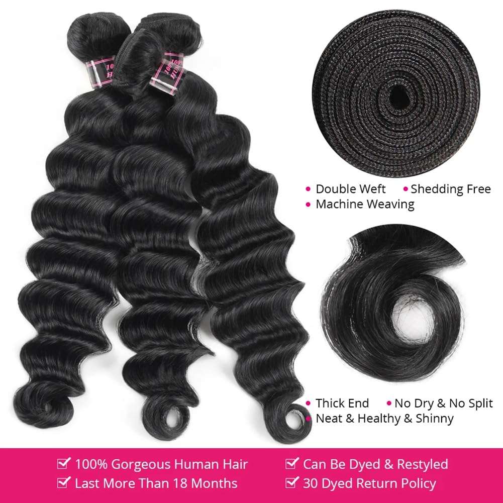 Manojos de cabello humano suelto de onda profunda (16, 18, 20 pulgadas), paquetes de cabello humano brasileño de grado 10A, color natural