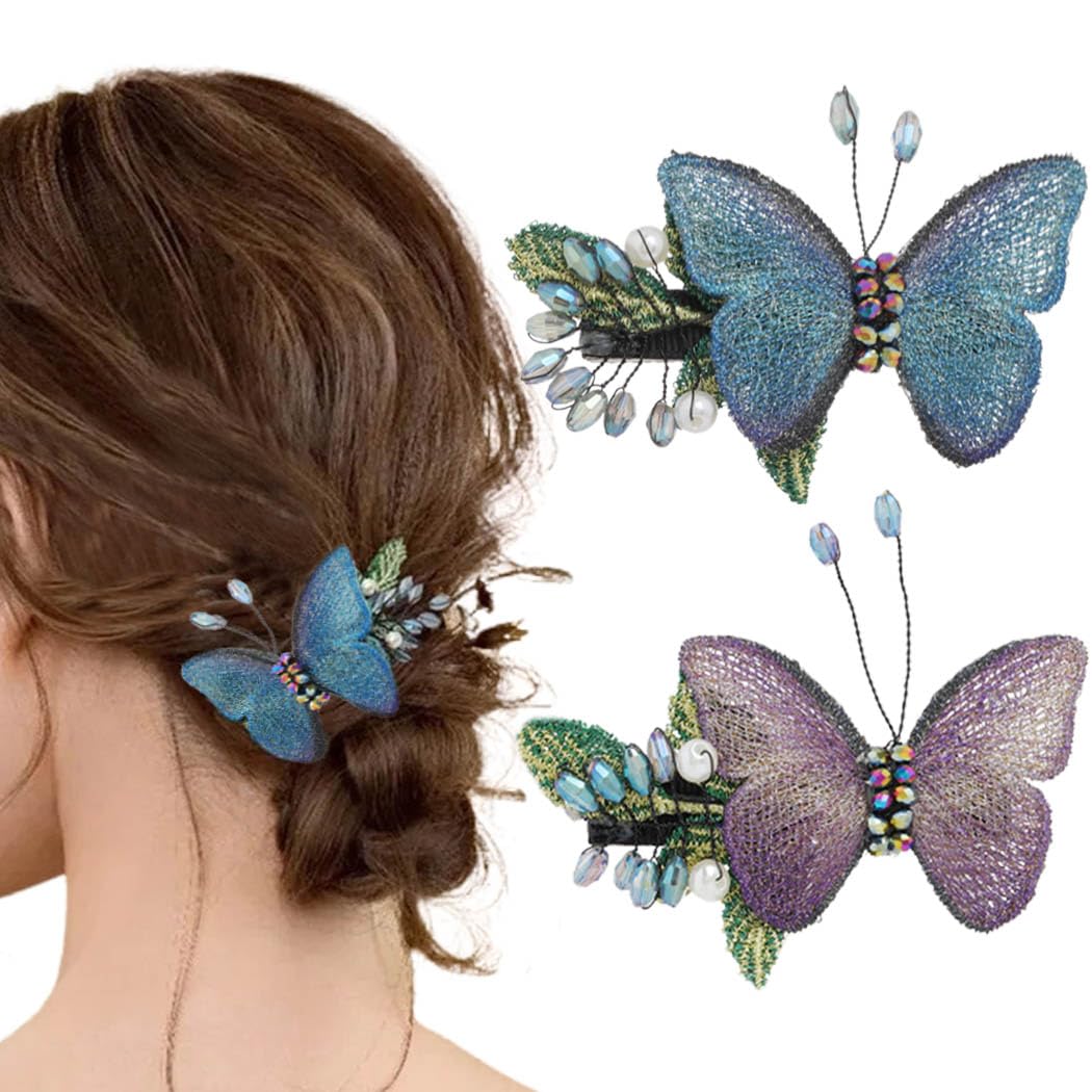 Haomye Pinzas para el pelo de mariposa con diamantes de imitación, pasadores bordados, accesorios para el cabello, tocado de boda, pinzas coreanas