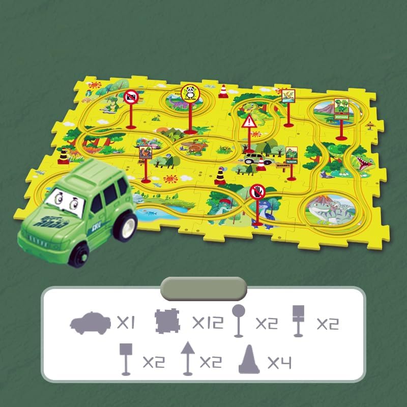 PowerTRC Rompecabezas de coche de ferrocarril de plástico con un camión y señales de carretera  Montessori educativo imaginativo rompecabezas de