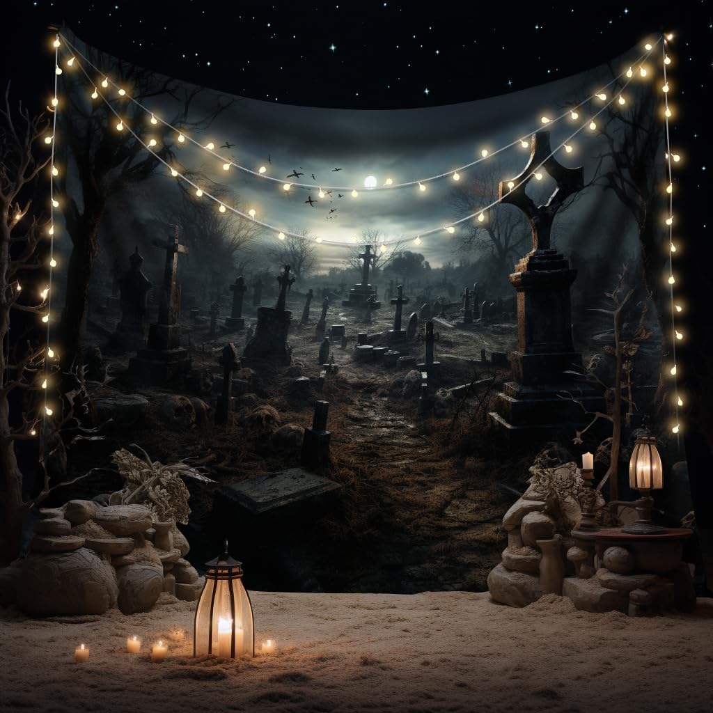 Tapiz de cementerio aterrador de Halloween, decoración grande para colgar en la pared, decoración de esqueleto de noche de muerte, decoración de
