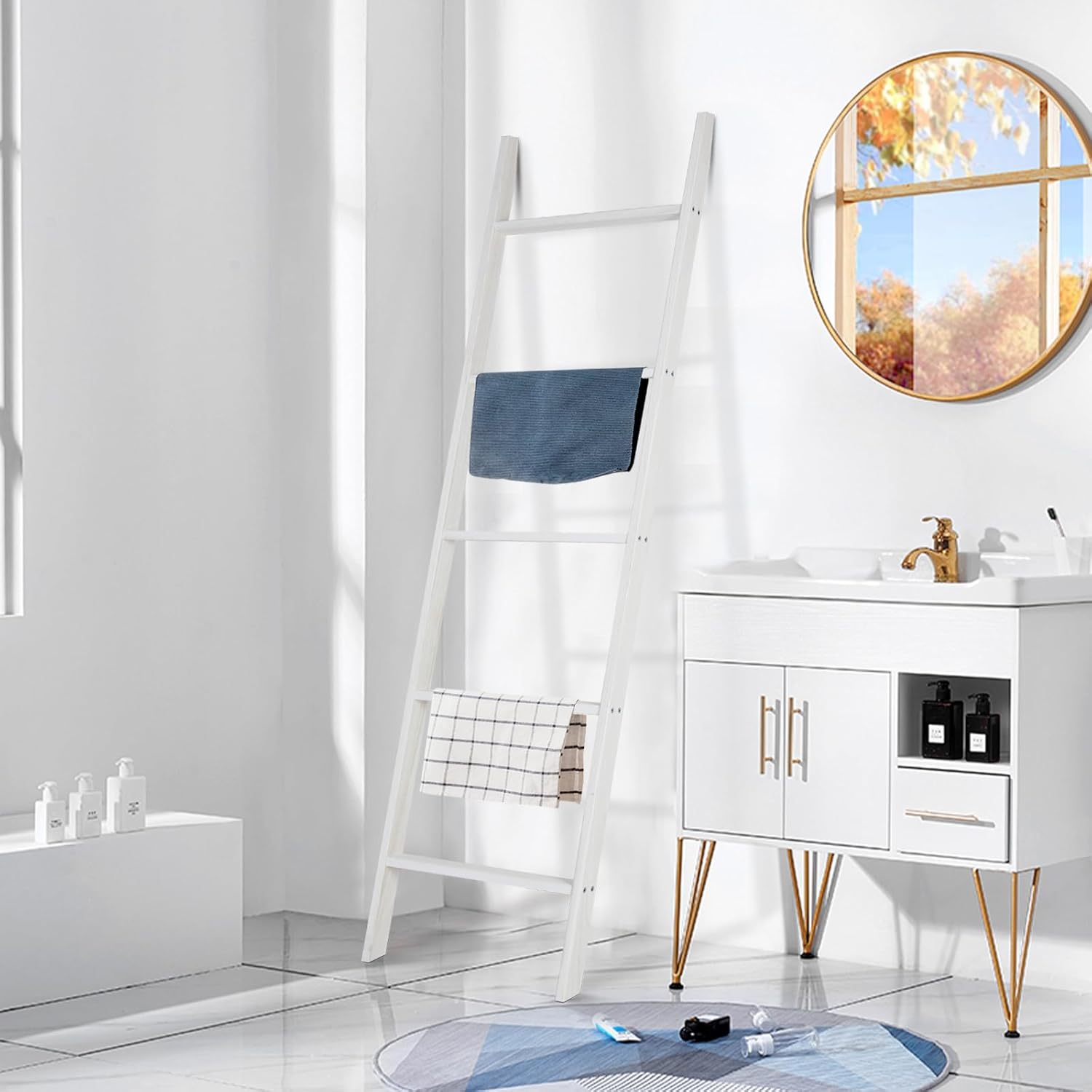Ecomex Escalera para mantas, escalera para toallas, estante de madera para mantas, estante de manta de 5 niveles decorativo de pared inclinado para