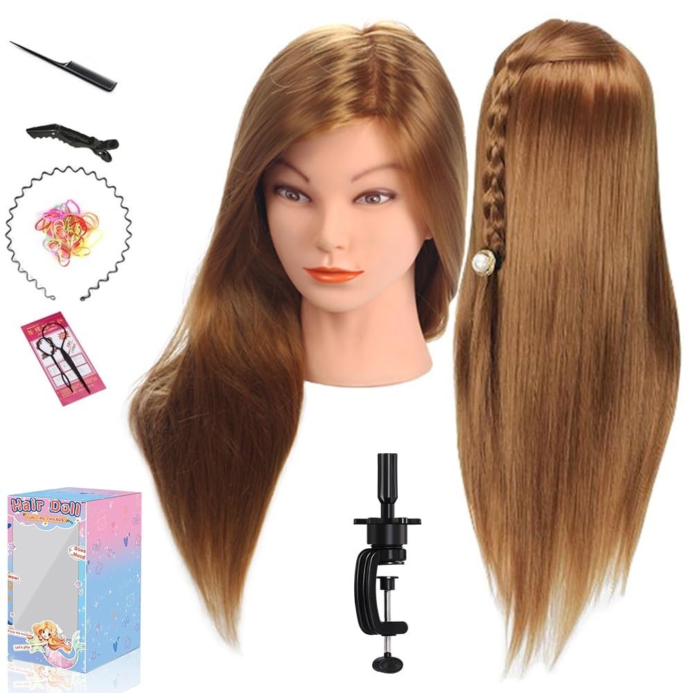 Cabeza de maniquí con cabello, cabeza de muñeca Beauty Star para peinar el cabello, cabello sintético dorado de 20 pulgadas de largo, modelo de
