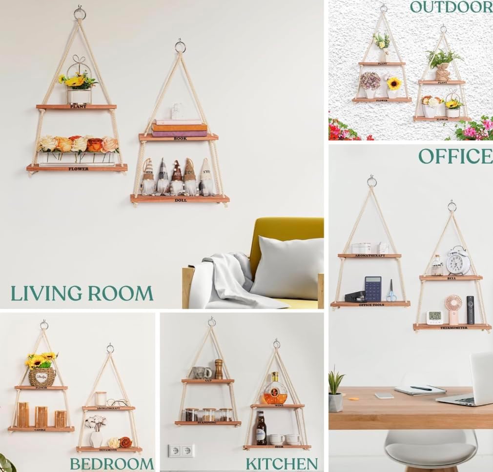 Estantes colgantes para pared, estante colgante para plantas, estantes bohemios de madera para decoración de dormitorio de otoño, estantes de cuerda
