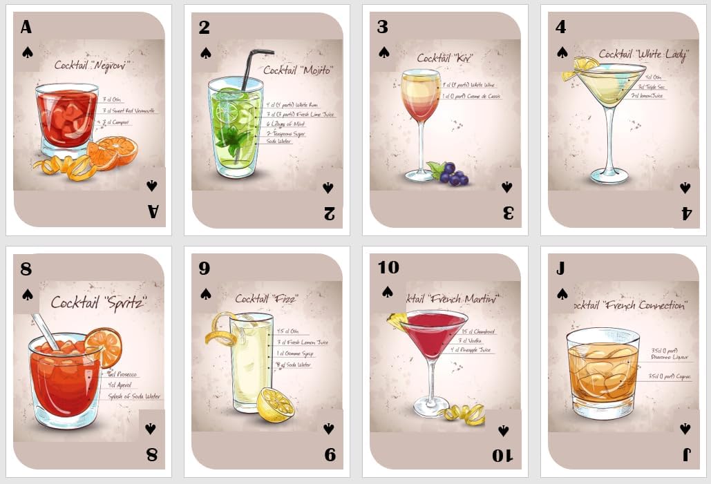 Naipes para beber. Naipes con recetas de cócteles. Naipes de fiesta. Naipes estándar. Cartas de póquer. Cartas de puente.