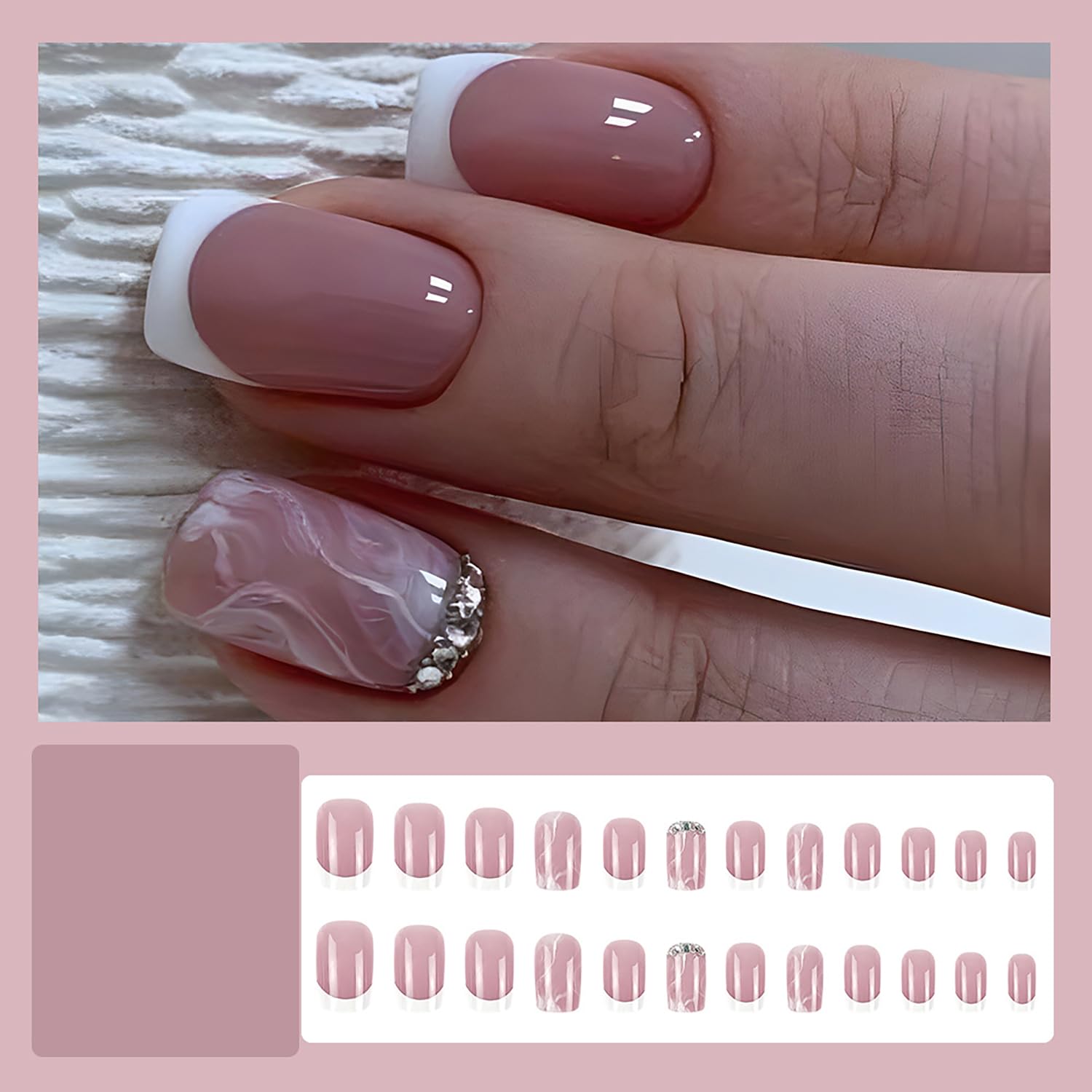 24 uñas postizas cuadradas cortas a presión, color rosa, con diseños de diamantes de imitación, uñas de punta francesa, brillantes, cobertura