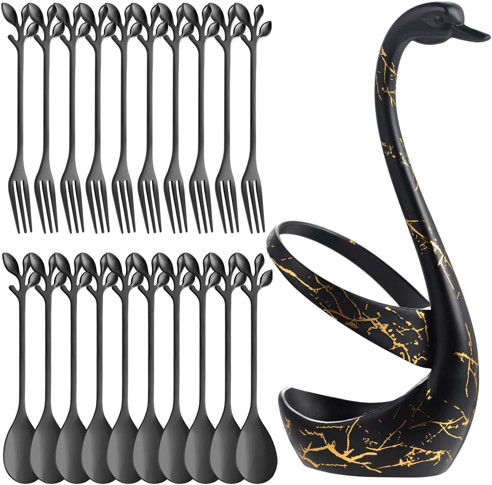 AnSaw Soporte de base de cisne negro con 20 cucharas de café y tenedores de postre con mango de hoja pequeña de 4.7 pulgadas (negro, 10+10)