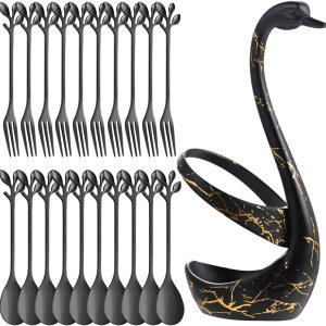 AnSaw Soporte de base de cisne negro con 20 cucharas de café y tenedores de postre con mango de hoja pequeña de 4.7 pulgadas (negro, 10+10) AnSaw Soporte de base de cisne negro con 20 cucharas de café y tenedores de postre con mango de hoja pequeña de 4.7 pulgadas (negro, 10+10)
