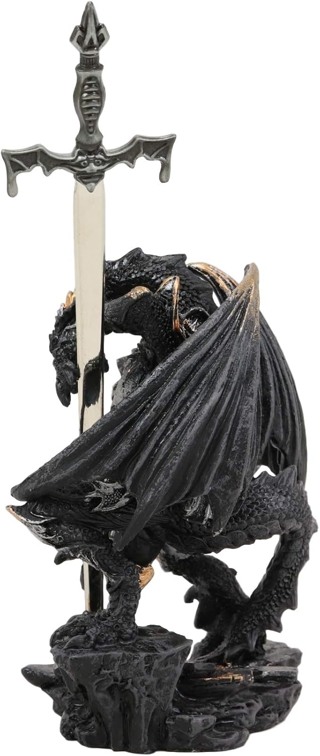 Ebros Gift Dragón fantasma elemental de piedra sintética con armadura de batalla y espada larga abrecartas estatua para el hogar y la oficina, mesa