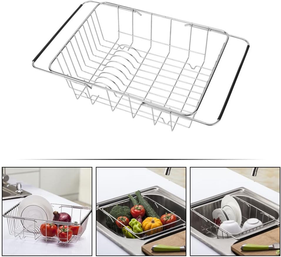 SHERCHPRY Escurridor de platos sobre el fregadero, cesta de acero inoxidable retráctil para fregadero de cocina para lavar frutas, verduras,
