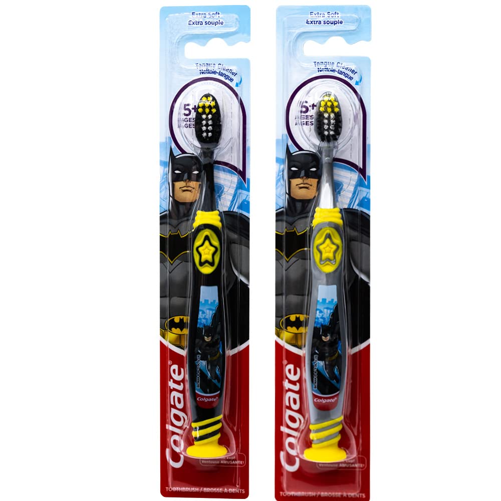 Colgate Batman – Cepillo de dientes para niños con ventosa, niños de 5 años en adelante, extra suave (los colores varían), paquete de 2