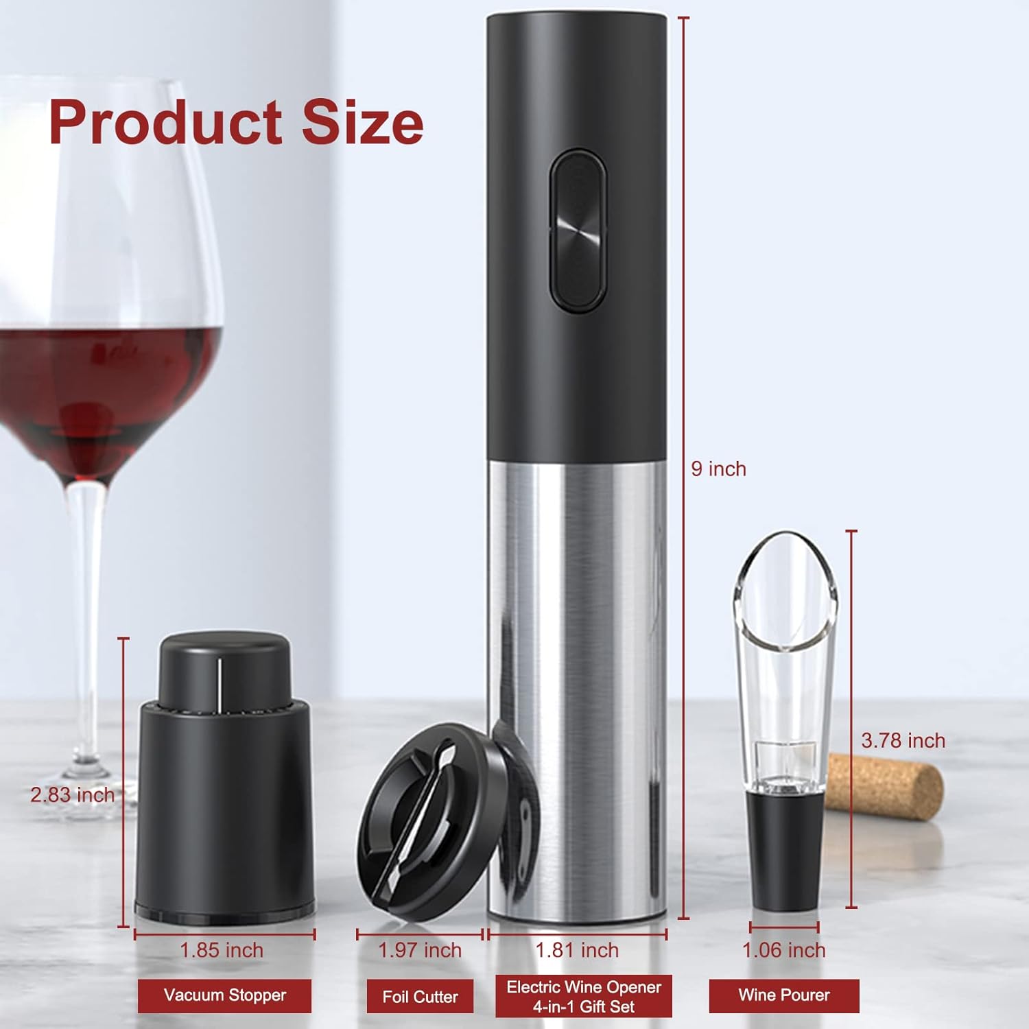 Abrevino eléctrico 4 en 1 juego de regalo con cortador de aluminio, tapón al vacío, vertedor de vino, funciona con pilas para fiestas, cocina y