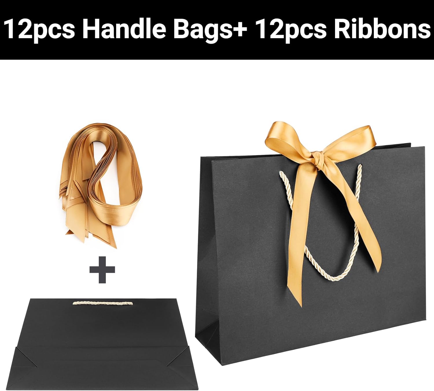 EUSOAR Bolsas de regalo con cinta, 12 bolsas de papel kraft negro de agradecimiento de 10.6 x 3.1 x 8.3 pulgadas, con asa de cinta de lazo, bolsas