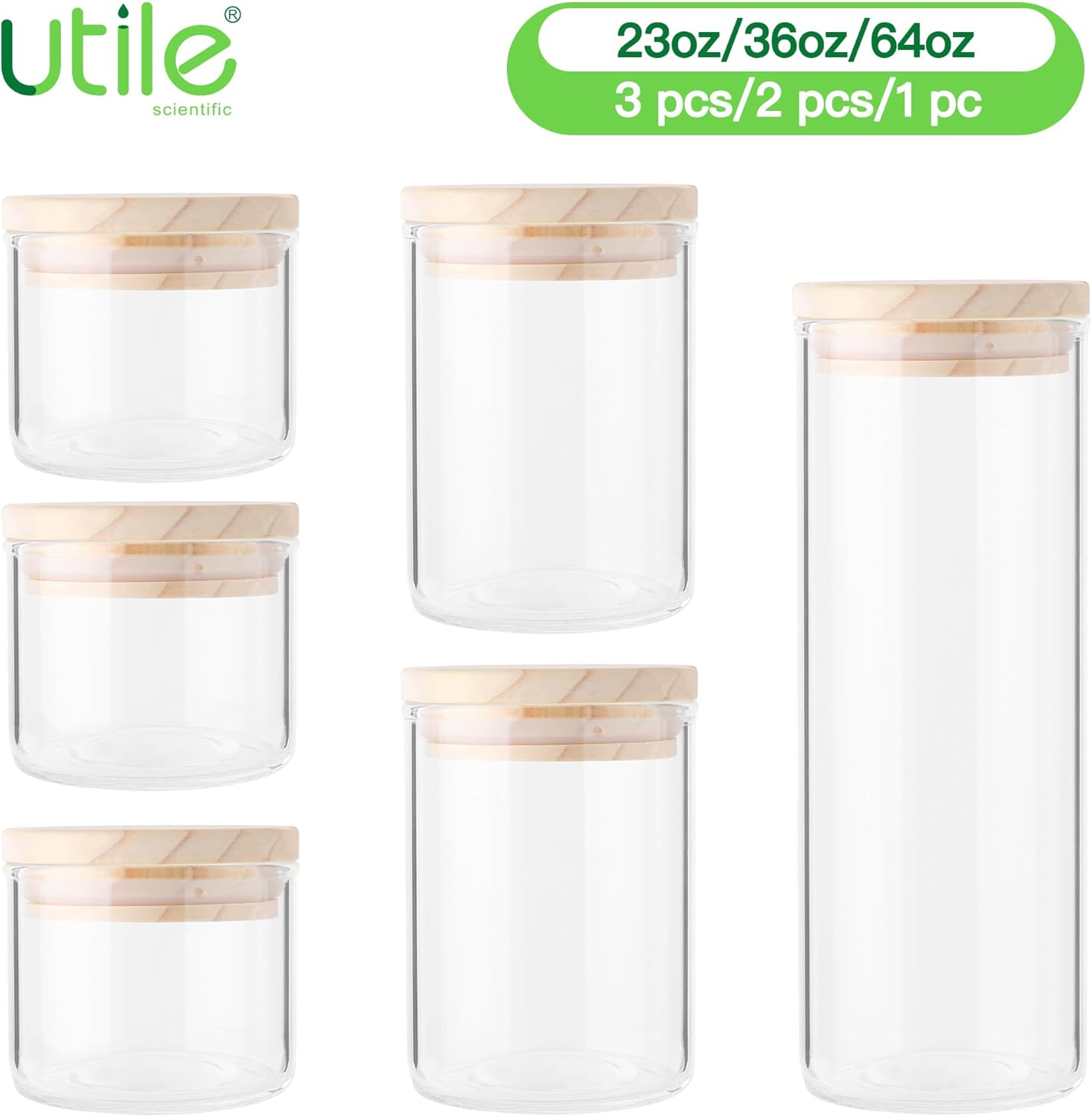 Utile Juego de 6 frascos de vidrio grueso para alimentos con tapa, 21.3 fl oz-3PCS, 33.0 fl oz-2PCS, 62.6 fl oz-1PC, recipientes herméticos de