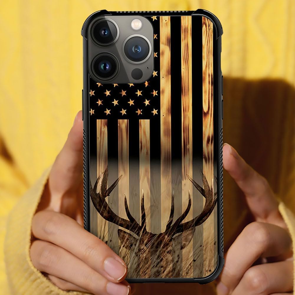 DJSOK Funda compatible con iPhone 15 Pro Max, funda de grano de madera con la bandera estadounidense Buck Hunter Deer para iPhone 15 Pro Max, fundas