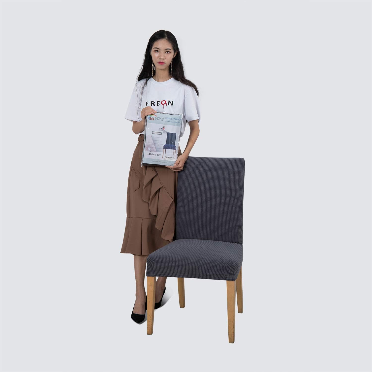 Everest Supply Paquete de 4 fundas para silla de comedor, poliéster, elastano, tela jacquard estirable para uso comercial, se adapta a la parte