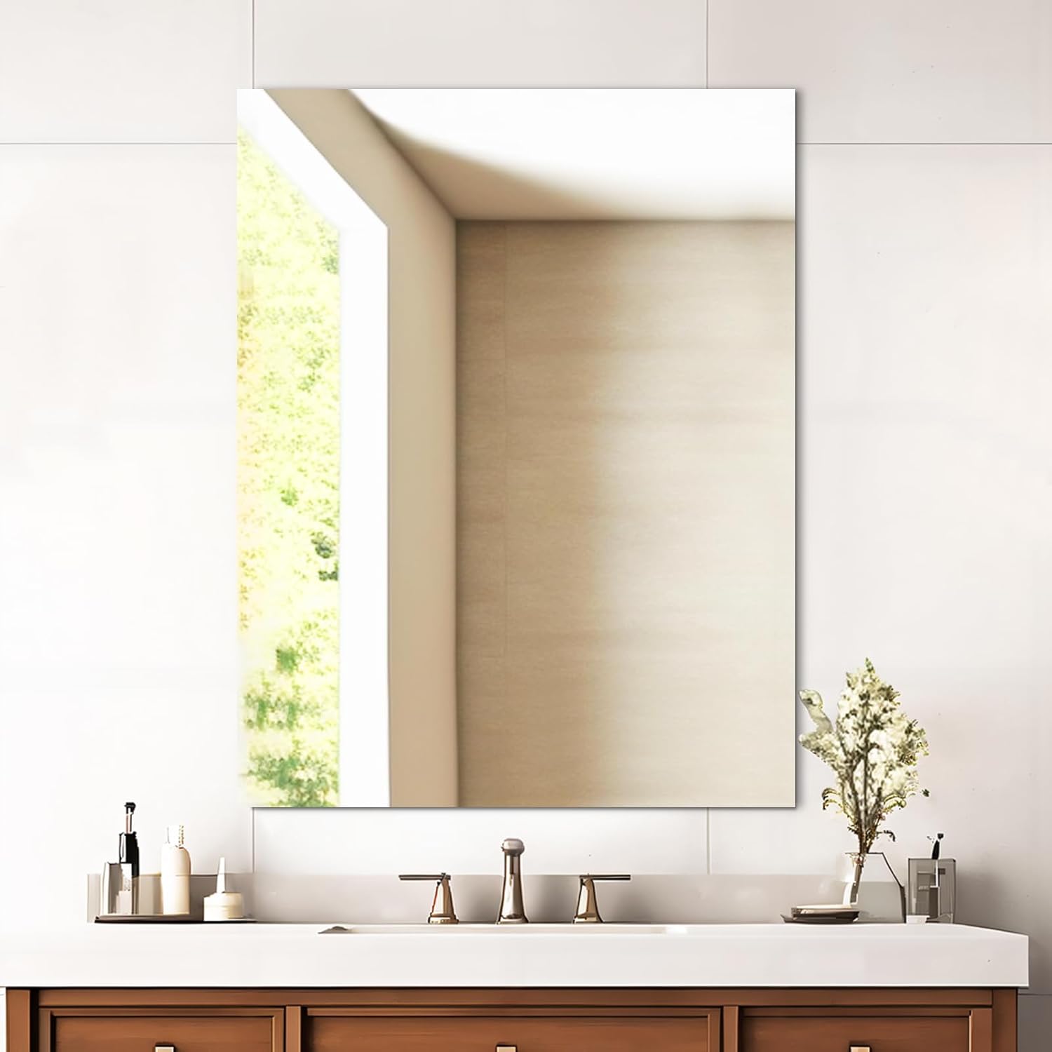 Mirrorons Espejo de baño de 28 x 36 pulgadas, moderno espejo de tocador de baño, espejo sin marco con borde pulido para dormitorio, sala de estar,