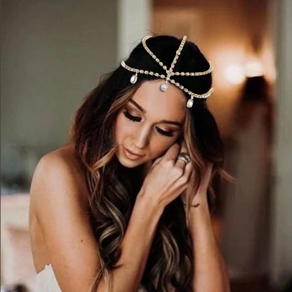 Yalice Cadena de cabeza en capas con diamantes de imitación, tocados brillantes para novia, diademas de cristal brillante, joyería para el cabello