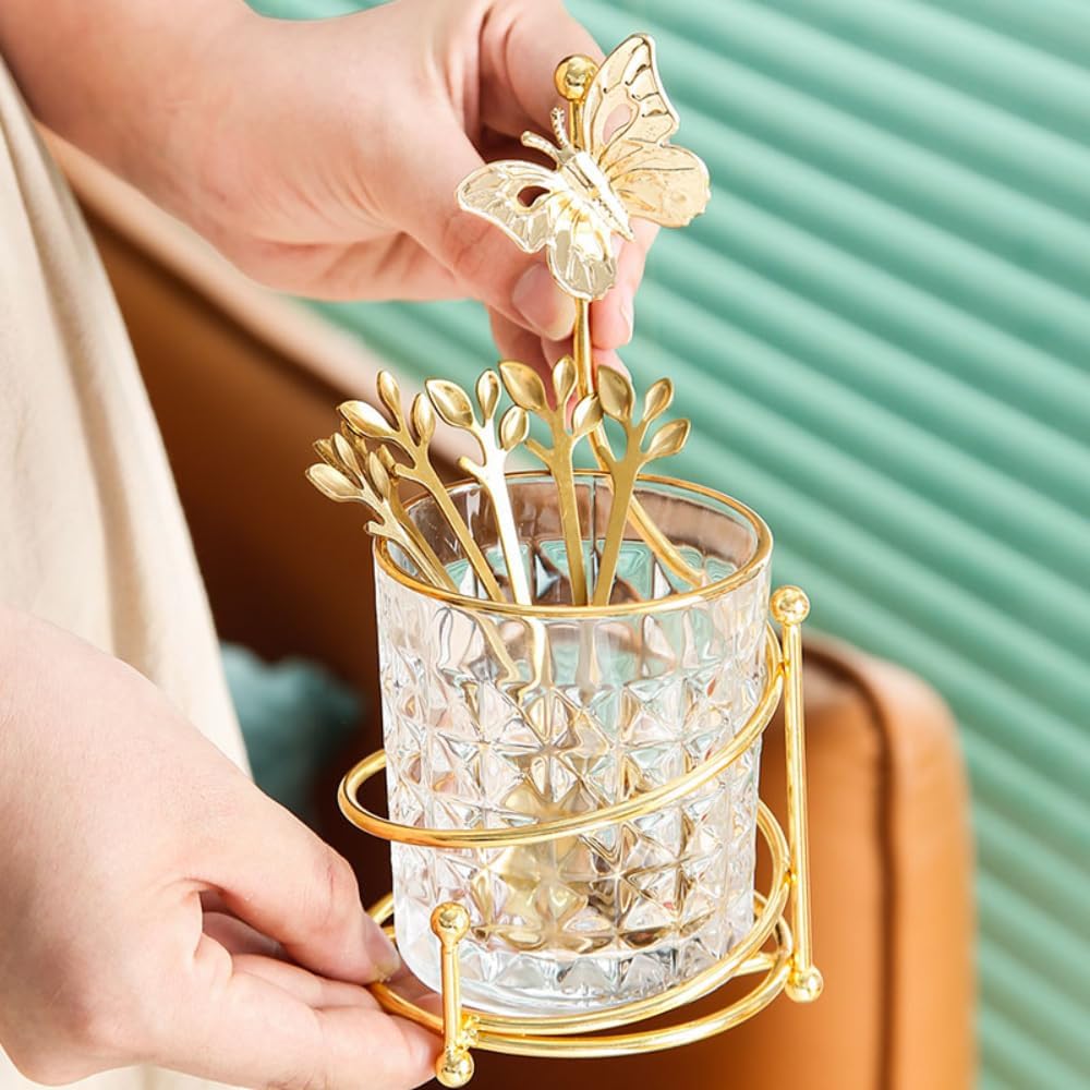 6 cucharas de café y tenedores con soporte de vidrio, pequeñas cucharas de té doradas de acero inoxidable, juego de mini tenedores de postre para