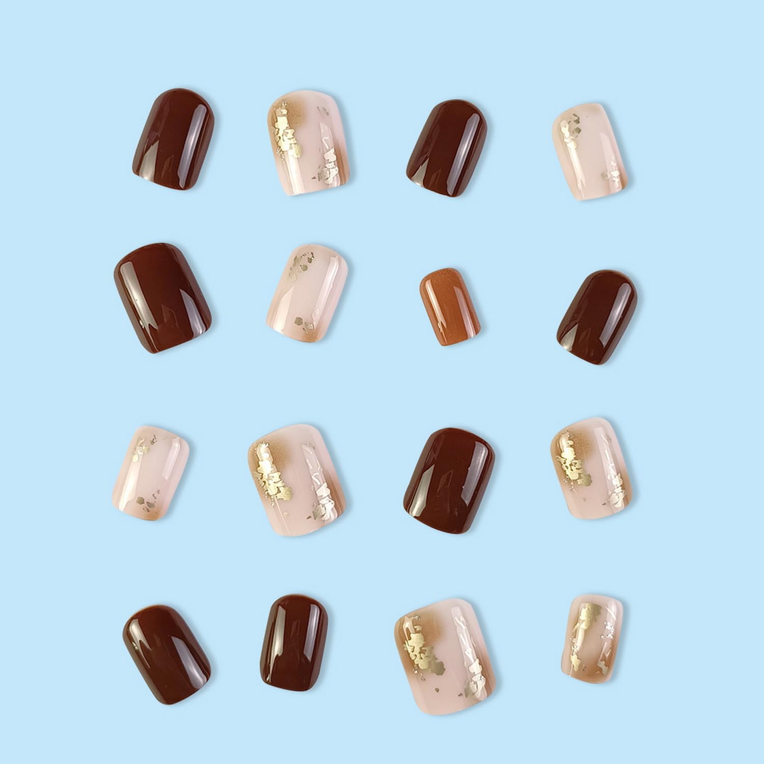 Uñas postizas cortas cuadradas de otoño, color marrón café con diseños de aluminio, uñas acrílicas adhesivas brillantes para mujer, uñas postizas a