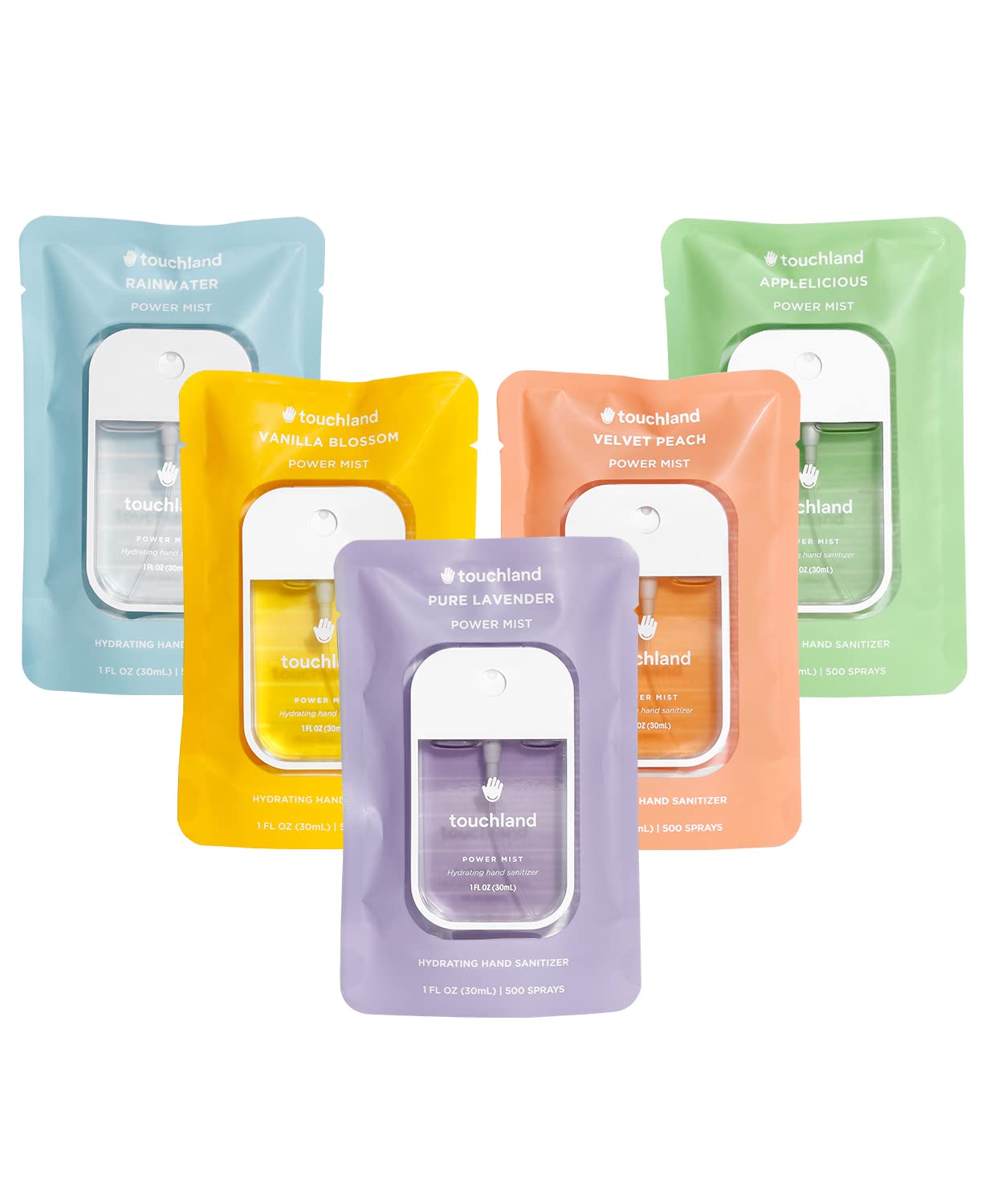 Touchland Power Mist – Spray desinfectante de manos hidratante, BLOSSOM paquete de 5 (lavanda, vainilla, agua de lluvia, melocotón, manzano), 500