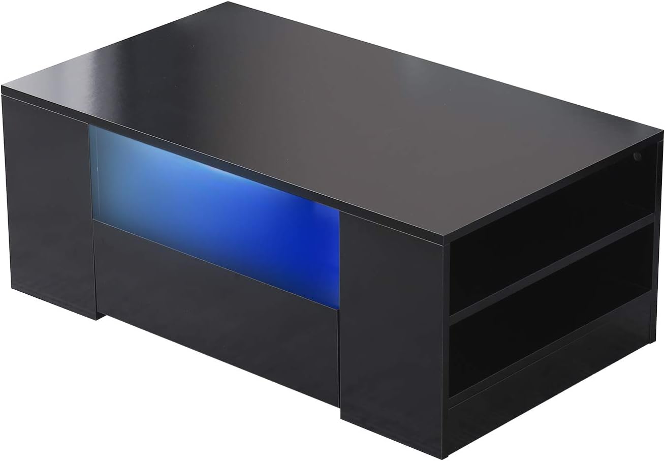 Fichiouy Moderna mesa auxiliar de 37 pulgadas con cajón, mesa rectangular con luz LED para sala de estar, blanconegro (mesa auxiliar negra de alto