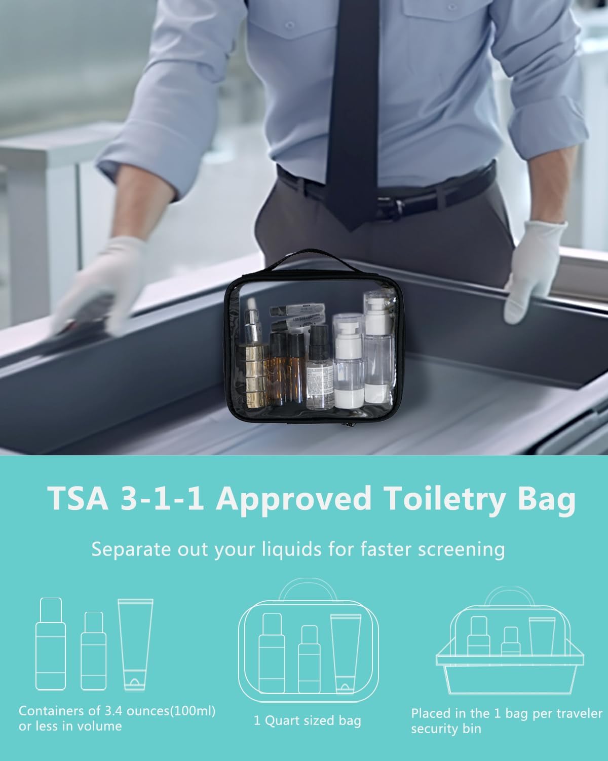 Bolsa de aseo aprobada por la TSA, bolsas de viaje transparentes con asa para artículos de tocador y maquillaje, bolsas de viaje transparentes