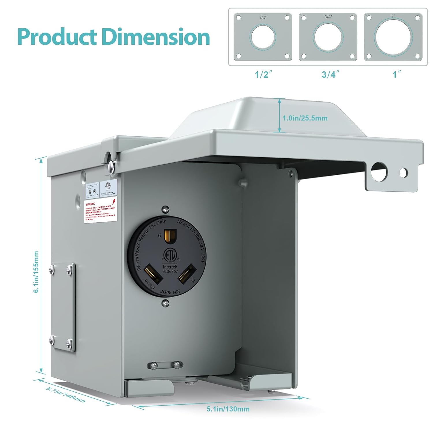 WEBANG Caja de toma de corriente de 30 amperios, cerrada, cerrada, resistente a la intemperie, para exteriores, 125 voltios, NEMA TT-30R, panel de
