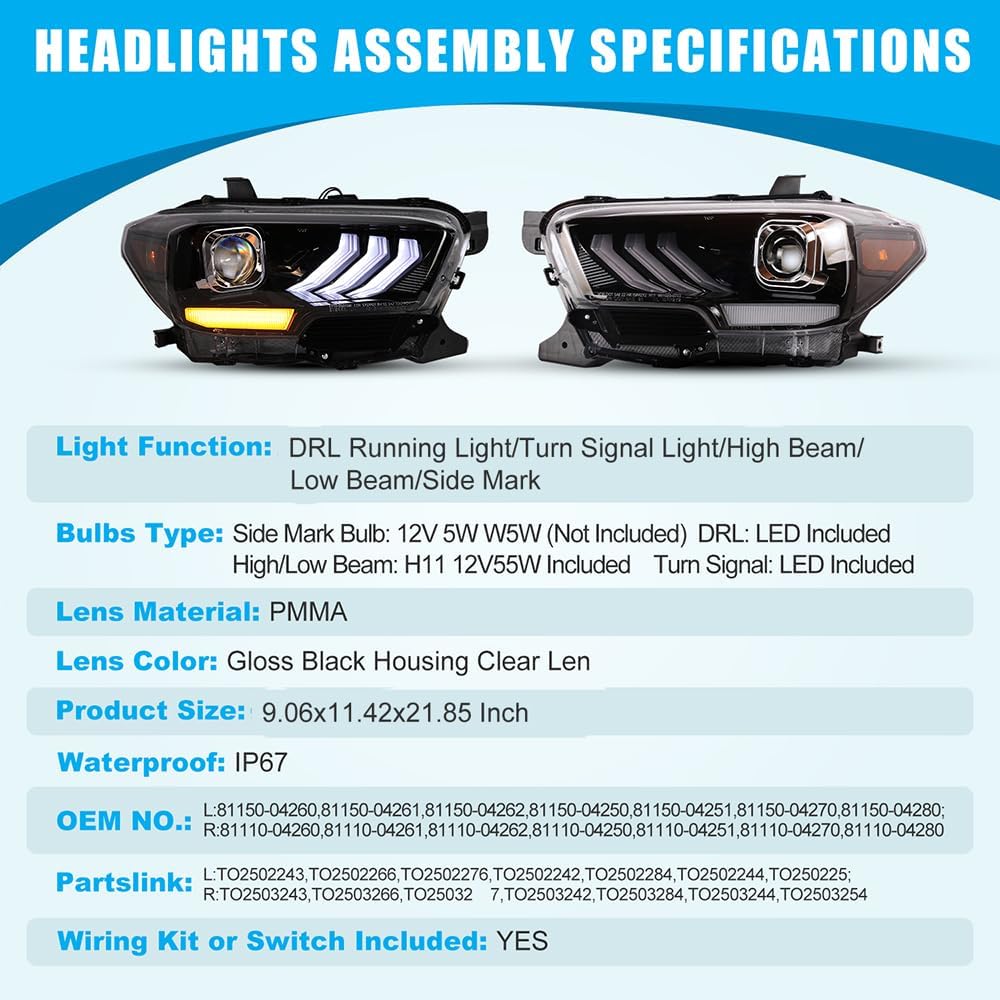 CPW Faros delanteros compatibles con Toyota Tacoma 2016-2019 2020-2023 Tacoma SR SR5 TRD Sport solo modelos DRL proyector faro frontal negro