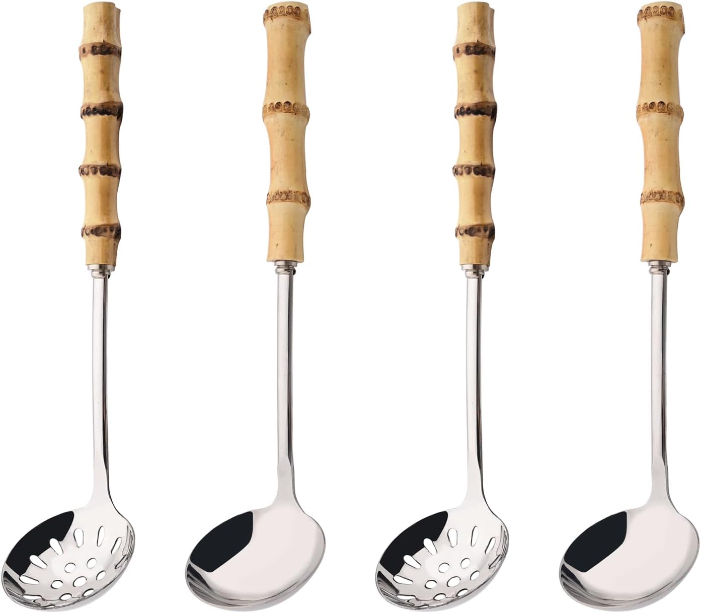 Juego de cucharón de sopa y cuchara ranurada, utensilios de servir de acero inoxidable 304 con mango de bambú natural, cucharas de sopa para servir