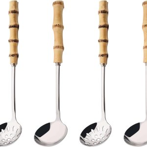Juego de cucharón de sopa y cuchara ranurada, utensilios de servir de acero inoxidable 304 con mango de bambú natural, cucharas de sopa para servir Juego de cucharón de sopa y cuchara ranurada, utensilios de servir de acero inoxidable 304 con mango de bambú natural, cucharas de sopa para servir