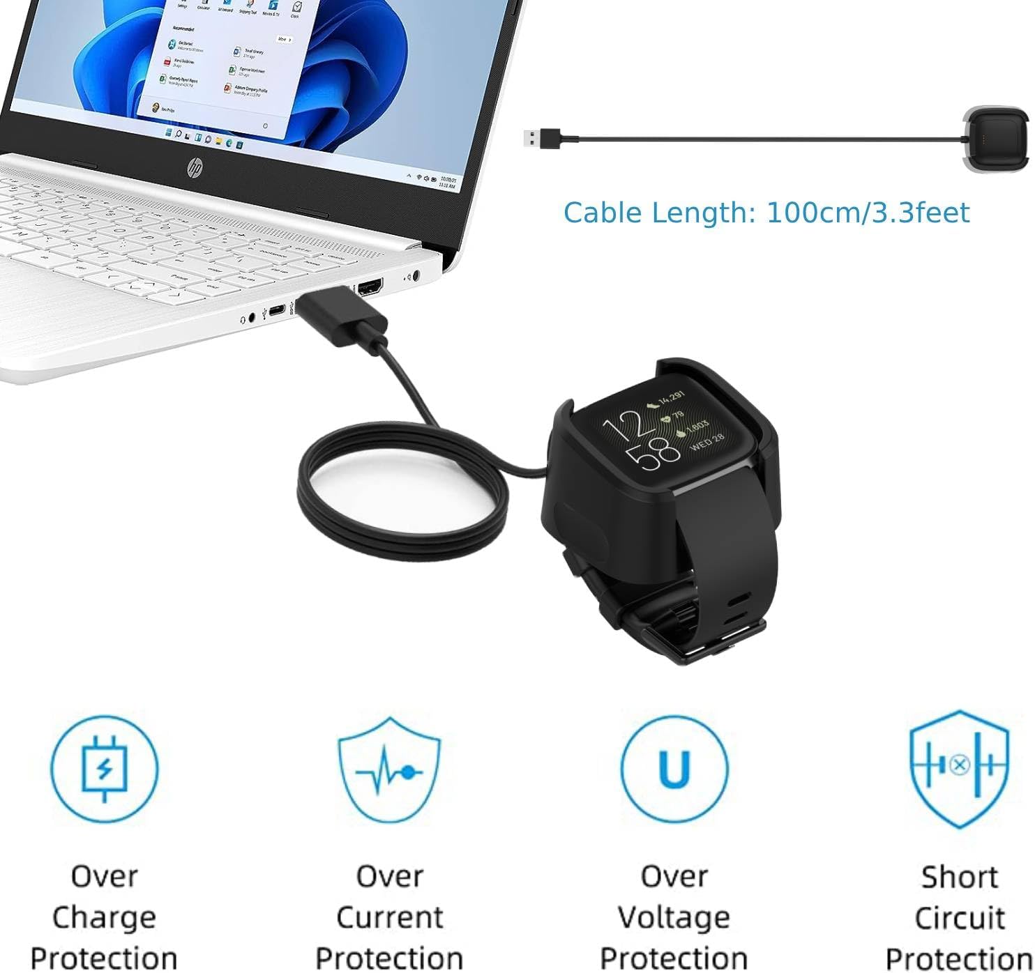 Cargador para Fitbit Versa 2, 2 unidades, 3.3 pies cable de carga de repuesto (imán fuerte)