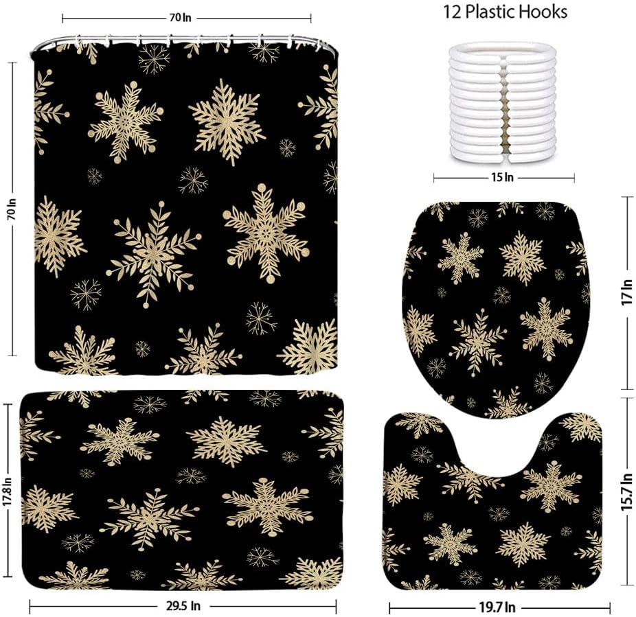 Juego de 4 cortinas de ducha de copos de nieve de Navidad, copos de nieve dorados, Navidad, Año Nuevo, color negro, 70 x 70 pulgadas, cortina de