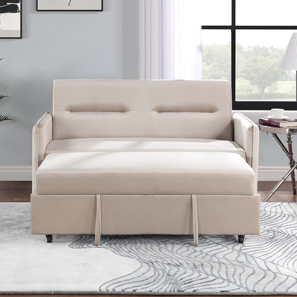 P PURLOVE Sofá biplaza convertible moderno de 57 pulgadas, respaldo ajustable, sofá de 2 plazas con cama extraíble con bolsillo lateral, 2 almohadas