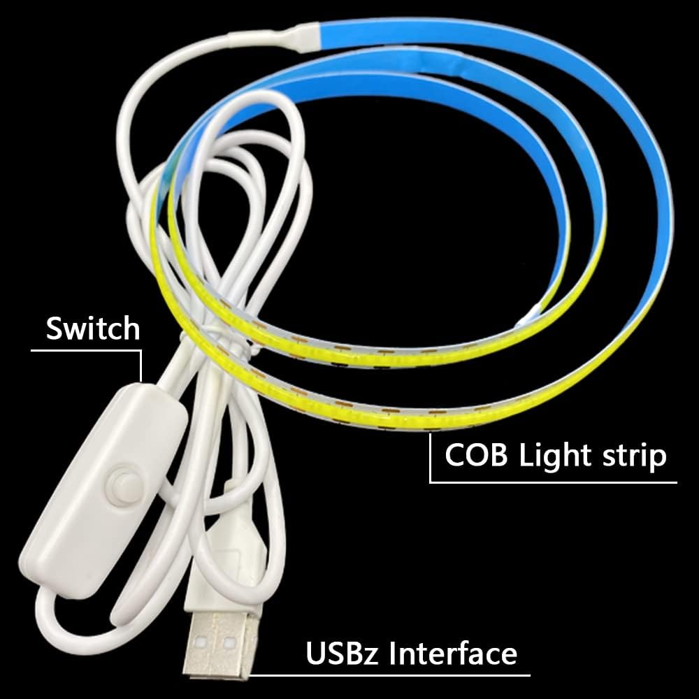 COB Tira de luz con interruptor USB 5V Highlight LED luz para dormitorio, 6.56 pies (6.6 ft), 600 LED, impermeable, flexible, autoadhesiva, luz para