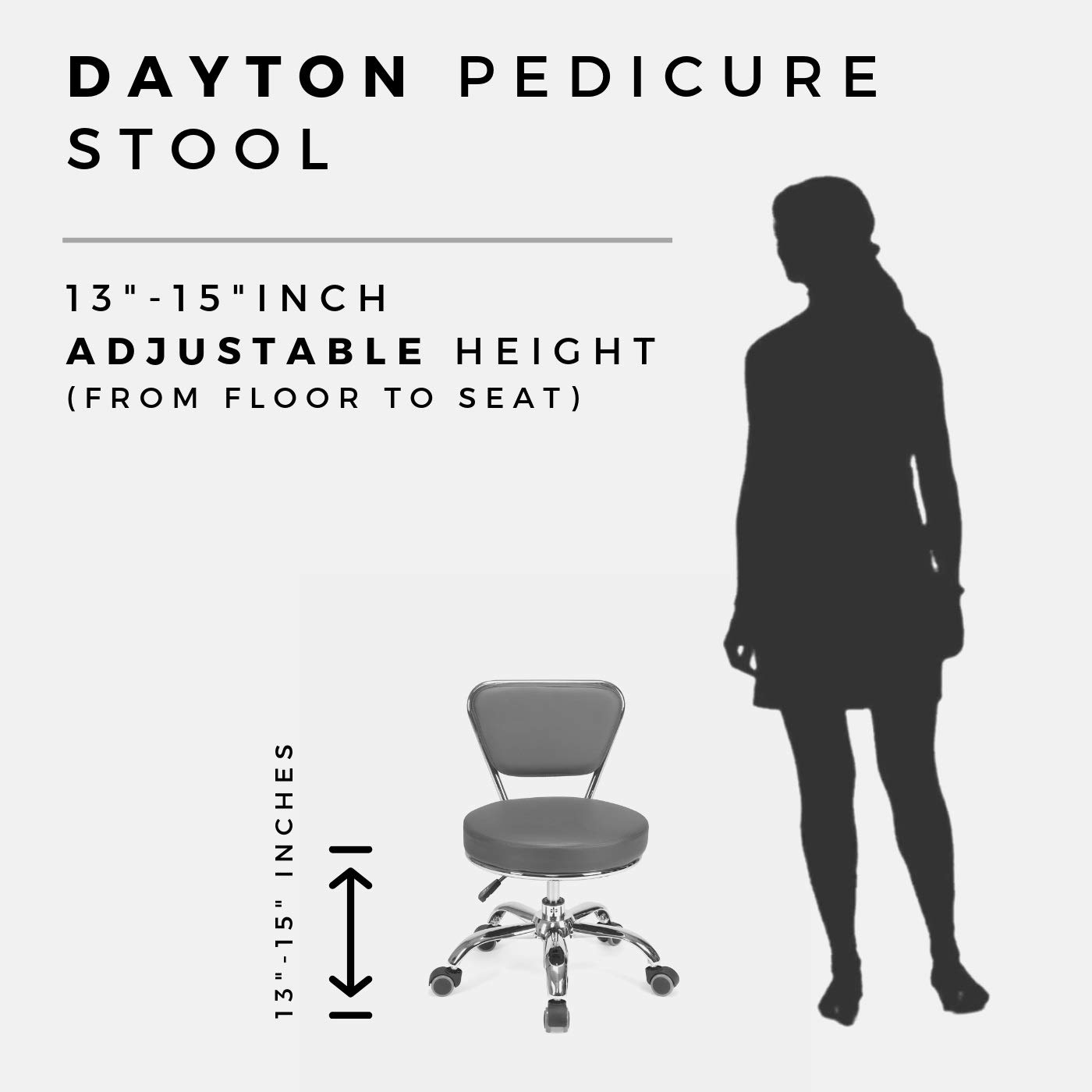 Dayton Taburete de pedicura (negro mate) neumático, altura ajustable, perfecto para salón de uñas, pedicura spa
