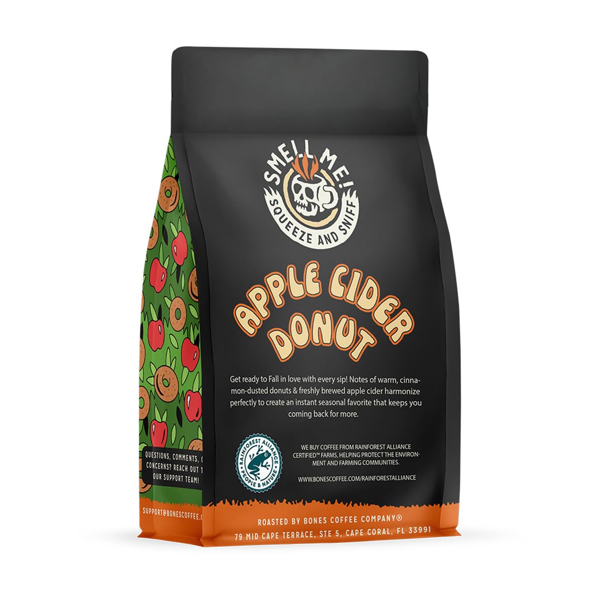 Bones Coffee Company – Café de grano molido Apple Cider Donut, café aromatizado, baja acidez, tostado medio, café gourmet, 355 gr (sabor dona de