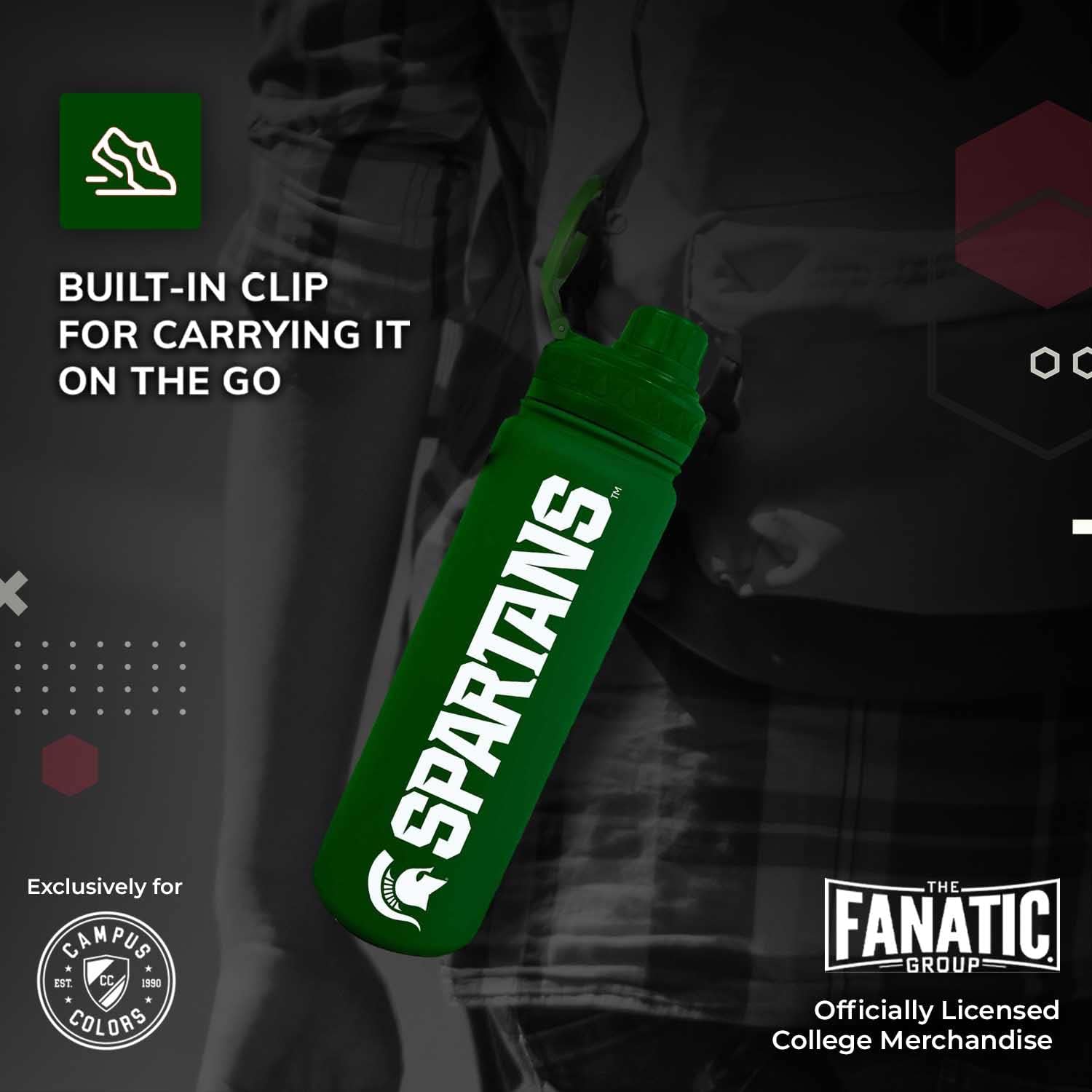 Campus Colors Botella de agua de acero inoxidable de la NCAA, tapa giratoria, 24 onzas, clip de transporte, mantiene tus bebidas calientes o frías