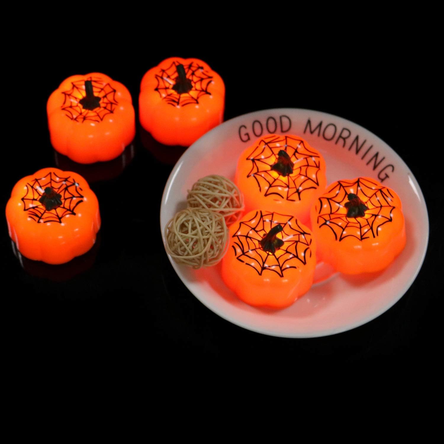 Luces de calabaza de Halloween, 12 luces LED de calabaza, luces de té de calabaza, mini candelita decorativa naranja para decoración de Halloween,